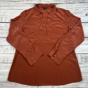 Eileen Fisher Shirt Womens Small Red Salmon 100% Silk Popover Blouse Long Sleeve